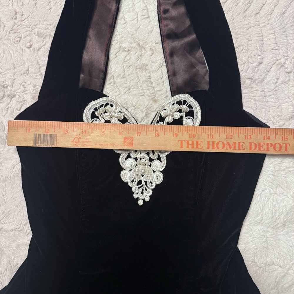 Vintage Gunne Sax Black Velvet Halter Dress Lace Beaded Appliqué Size 7/8 - Picture 2 of 7